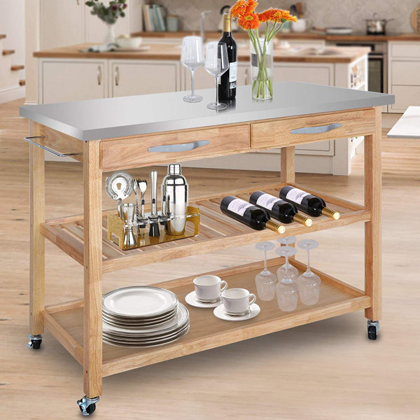 Rosecliff Heights Somersworth 44'' Solid Wood Kitchen Cart with Stainless Steel Top and Locking